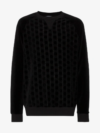 Shop Balmain Mongram Logo Velvet Sweatshirt In Black