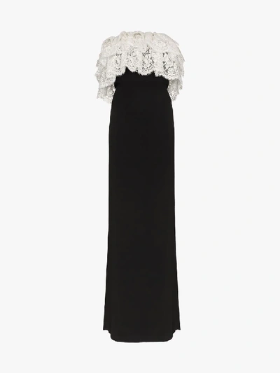 Shop Alessandra Rich Lace Ruffle Strapless Maxi Dress In Black