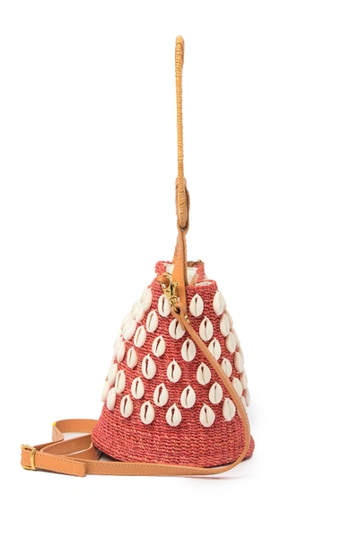 Shop Aranaz Kaia Straw Bucket Bag In Coral