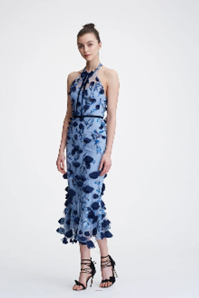 Shop Marchesa Notte Sleeveless Embroidered Halter Neck Midi Dress N26c0729 In Light Blue