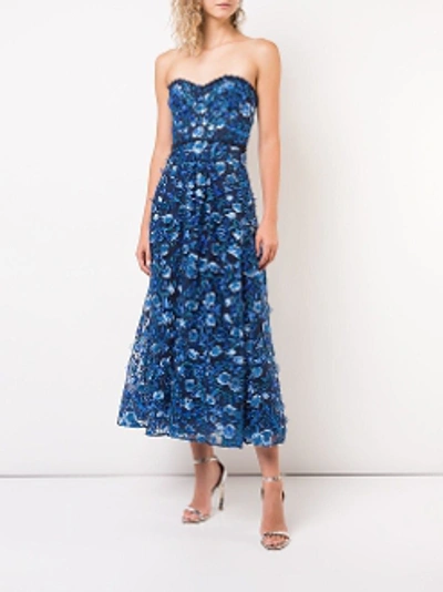Shop Marchesa Notte Holiday 2018  Strapless Floral Embroidered Midi Dress In Navy