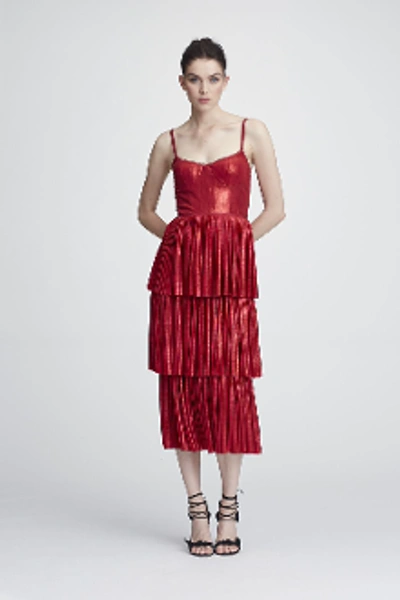 Shop Marchesa Notte Resort 2018-19  Sleeveless Pleated Lame Midi Tea Dress In Red