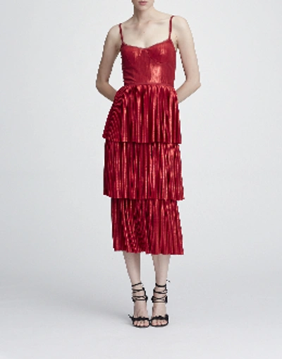 Shop Marchesa Notte Resort 2018-19  Sleeveless Pleated Lame Midi Tea Dress In Red