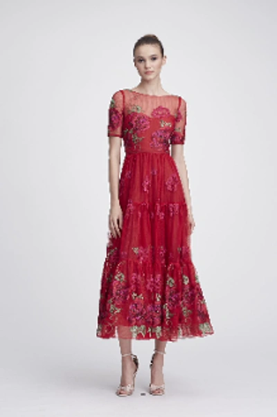 Shop Marchesa Notte Resort 2018-19  Floral Short Sleeve Midi Tea Dress In Red