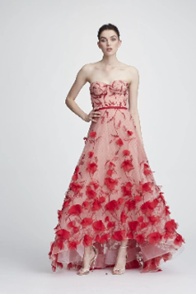 Shop Marchesa Notte Strapless Embroidered Hi-lo Gown