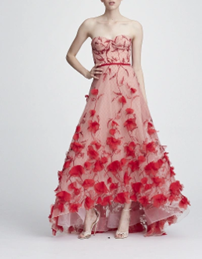 Shop Marchesa Notte Strapless Embroidered Hi-lo Gown