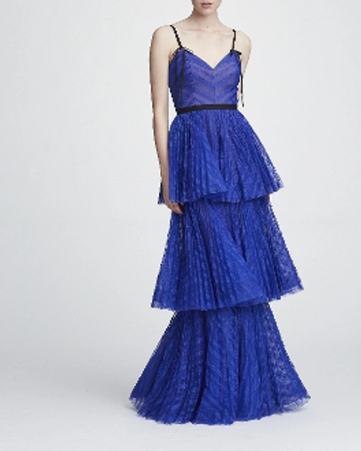 Shop Marchesa Notte Resort 2018-19  Sleeveless Striped Lace Tiered Gown In Royal Blue