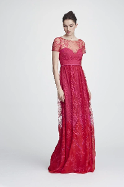 Shop Marchesa Notte Short Sleeve Chiffon And Lace Evening Gown