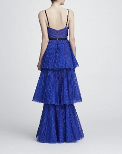 Shop Marchesa Notte Resort 2018-19  Sleeveless Striped Lace Tiered Gown In Royal Blue
