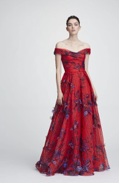 Shop Marchesa Notte Resort 2018-19  Off The Shoulder Organza Evening Gown In Red
