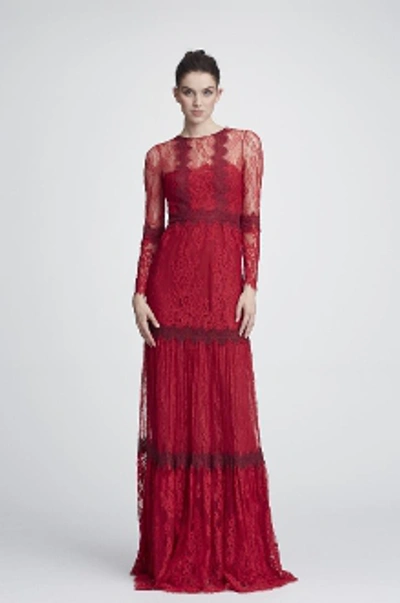 Shop Marchesa Notte Resort 2018-19  Long Sleeve Mixed Lace Gown In Red