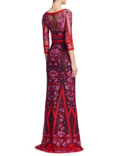 Shop Marchesa Notte 3/4 Sleeve V Neck Wine Lace Gown