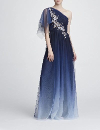 Shop Marchesa Notte Resort 2018-19  One Shoulder Embroidered Ombre Tulle Gown In Navy