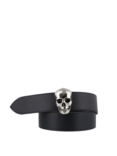 Shop Alexander Mcqueen Skull Ink Leather Belt In Dark Blue