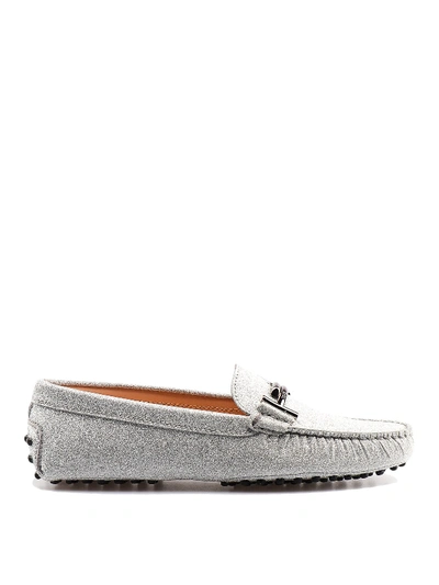 Shop Tod's Double T Gommino Glittered Loafers In Silver