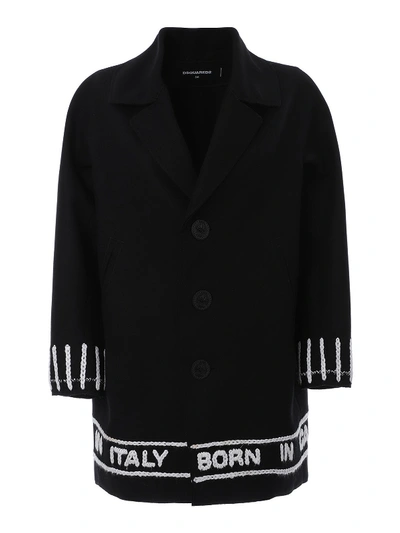 Shop Dsquared2 Logo Embroidery Wool Blend Coat In Black