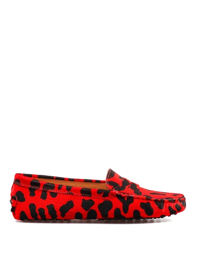 Shop Tod's Gommino Printed Calf-hair Red Loafers In Animal Print