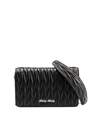 Shop Miu Miu Black Matelasse Leather Chain Wallet Bag