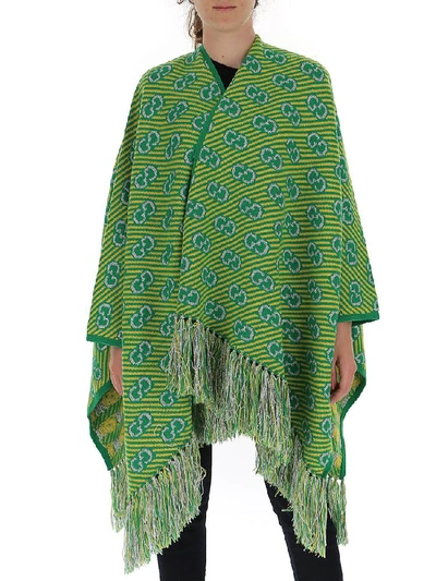 Shop Gucci Gg Stripe Fringed Poncho In Green