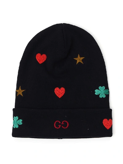 Shop Gucci Motif Embroidered Beanie In Blue