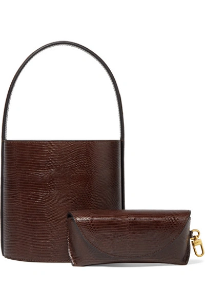Shop Staud Bissett Lizard-effect Leather Bucket Bag In Dark Brown
