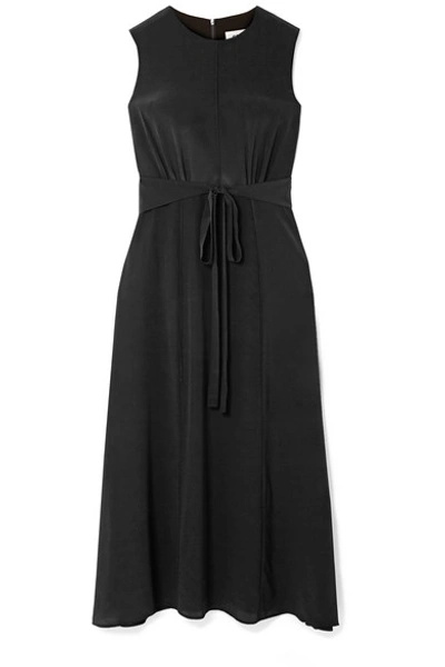 Shop Cefinn Belted Silk Crepe De Chine Midi Dress In Black