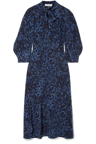Shop Cefinn Camo Leopard-print Silk Crepe De Chine Midi Dress In Cobalt Blue