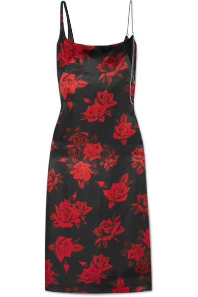 Shop Commission Chain-embellished Floral-print Satin Midi Dress In Red