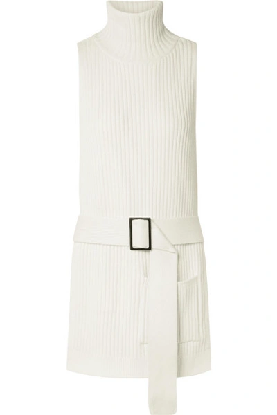 Shop Tibi Belted Ribbed Merino Wool Turtleneck Vest In White