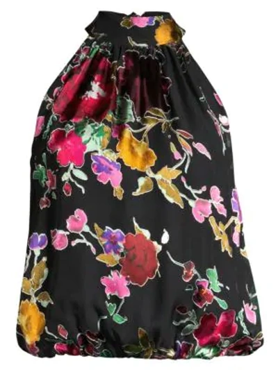 Shop Alice And Olivia Maris Floral Stretch-silk Halter Top In Painterly Floral Black