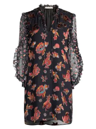 Shop Alice And Olivia Julius Floral Ruffle-sleeve Shift Tunic Dress In Whimsy Paisley