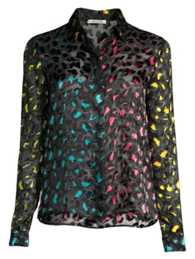 Shop Alice And Olivia Willa Colorblock Leopard Velvet Burnout Blouse In Abstract Leopard Teal Combo