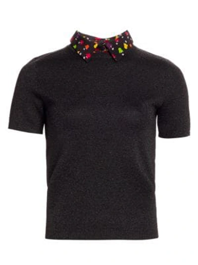 Shop Alice And Olivia Aster Multicolor-print Collar Short-sleeve Sweater In Rainbow Stace Face Black
