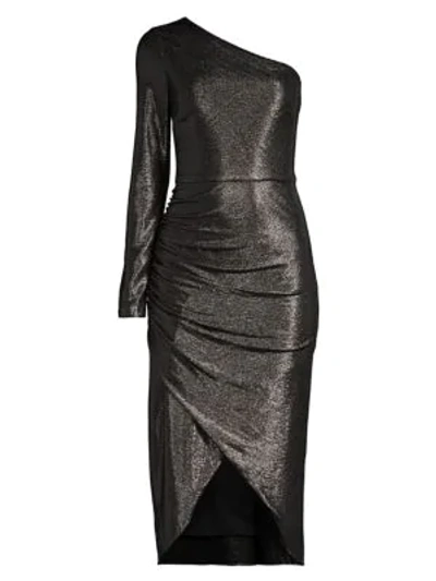 Shop Aidan Mattox Foiled Jersey One-shoulder Wrapped Dress In Gunmetal Black