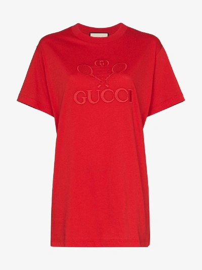 Shop Gucci Embroidered Tennis Logo T-shirt In Red