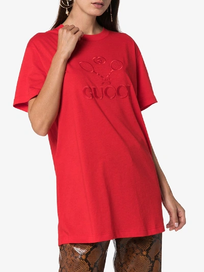 Shop Gucci Embroidered Tennis Logo T-shirt In Red