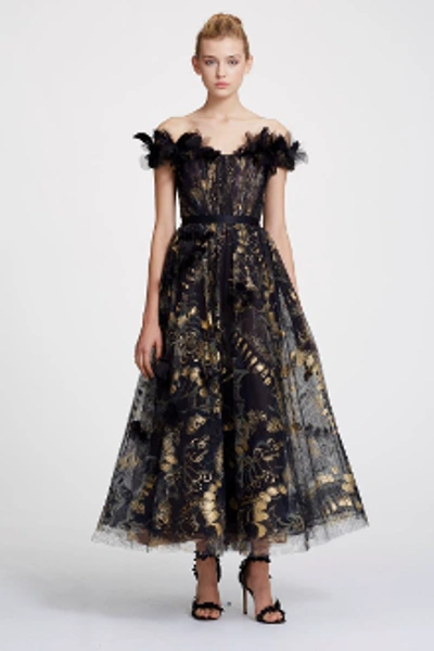 Shop Marchesa Off Shoulder Foil Printed Tulle Midi-tea Dress