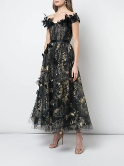 Shop Marchesa Off Shoulder Foil Printed Tulle Midi-tea Dress