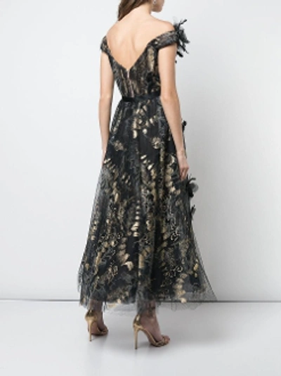 Shop Marchesa Off Shoulder Foil Printed Tulle Midi-tea Dress