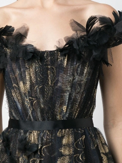 Shop Marchesa Off Shoulder Foil Printed Tulle Midi-tea Dress