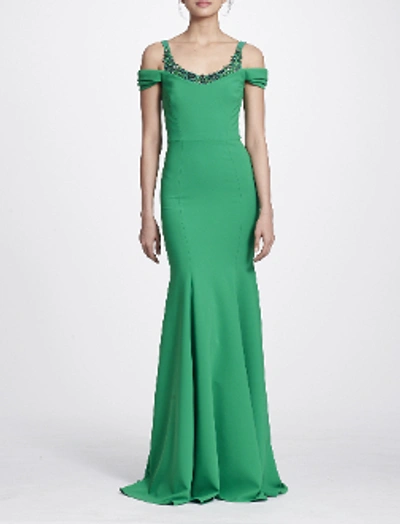 Shop Marchesa Notte Fall/winter 2018  Cold Shoulder Stretch Crepe Gown In Emerald Green