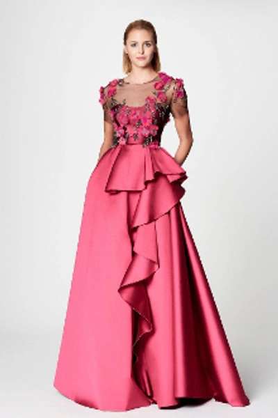 Shop Marchesa Notte Short Sleeve Fuchsia Mikado Ball Gown