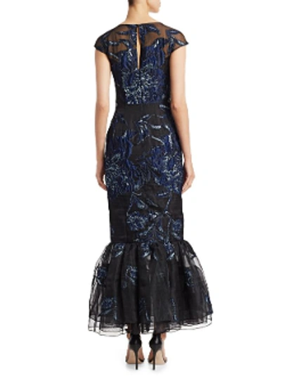 Shop David Meister Cap Sleeve Floral Embroidered Evening Gown