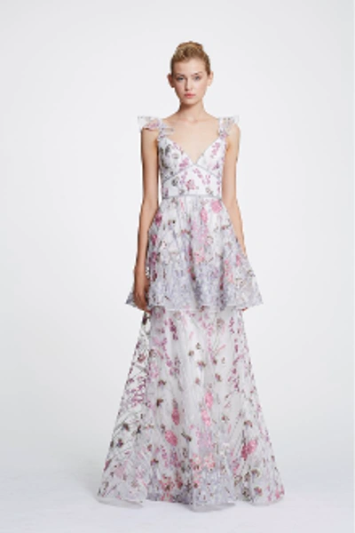 Shop Marchesa Notte Sleeveless Floral Embroidered Ruffled Tiered Gown