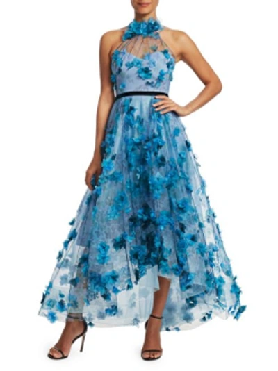 Shop Marchesa Notte Pre-fall 2019  Halter Neck Hi Lo Tulle Midi Tea Dress In Blue