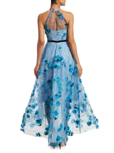 Shop Marchesa Notte Pre-fall 2019  Halter Neck Hi Lo Tulle Midi Tea Dress In Blue