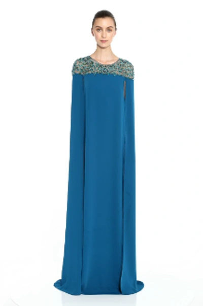 Shop Marchesa Notte Resort 2020  Crepe Cape Caftan Gown In Peacock