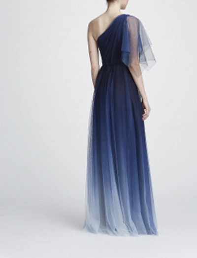 Shop Marchesa Notte One Shoulder Embroidered Ombre Tulle Gown In Navy