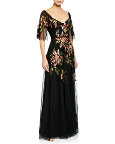 Shop Marchesa Notte Long Sleeve Embroidered Tulle Gown In Black