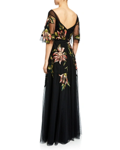 Shop Marchesa Notte Long Sleeve Embroidered Tulle Gown In Black